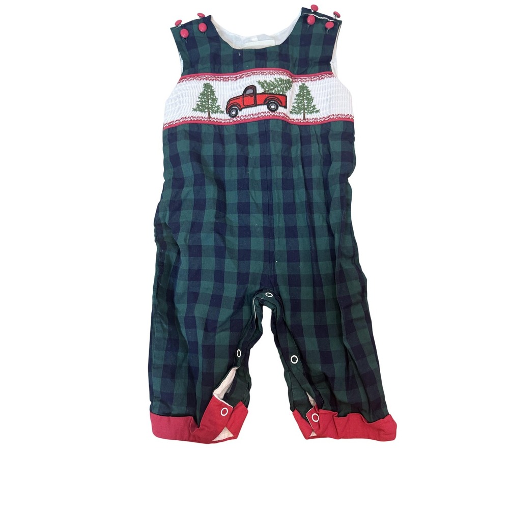 Lil Cactus Romper Boys 6-12M Green Plaid‎ Truck Smocked Christmas Holiday Outfit